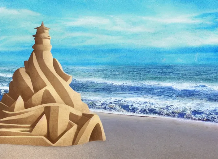 Image similar to beautiful sand sculpture on the beach, 8 k, matte painting, in the style of artist, ann stokes