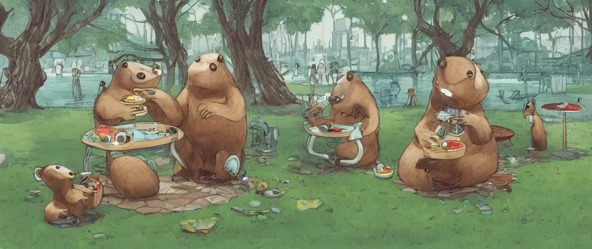 Image similar to a beautiful illustration of a strange anthropomorphic beaver robot hybrid having lunch in the park by James Jean | comic book:.7 | unreal engine:.3