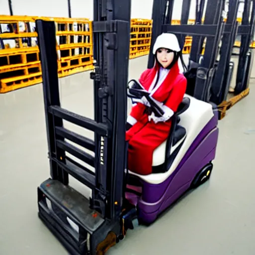 Image similar to a person cosplaying homura akemi operating a forklift