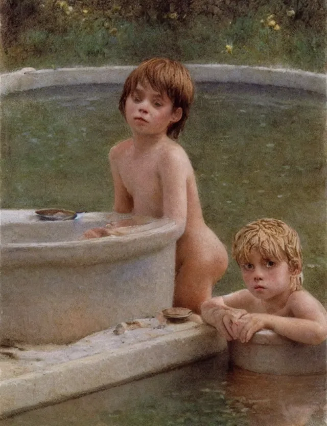 Prompt: peasant kid having bath in a basin, splashes of water, cottage core, cinematic focus, polaroid photo bleached vintage pastel colors high - key lighting, soft lights, foggy, by steve hanks, by lisa yuskavage, by serov valentin, by tarkovsky, detailed, oil on canvas