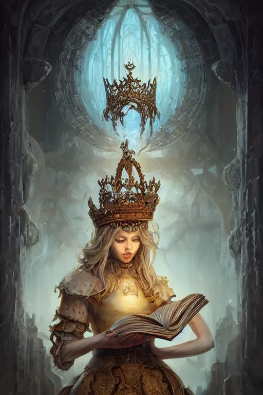 Image similar to painting the world as an artificer wearing a crown and holding a book by artgerm and wlop and scott fischer and seb mckinnon, digital art, highly detailed, wide shot, intricate, fantasy, mystical, sharp focus, Trending on Artstation HQ, deviantart, unreal engine 5, 4K UHD image