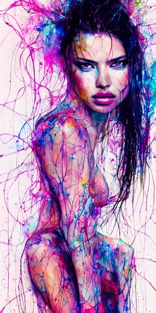 Image similar to adriana lima by agnes cecile enki bilal moebius, intricated details, sitting on a stool, full body portrait, extremely luminous bright design, pastel colours, drips, autumn lights