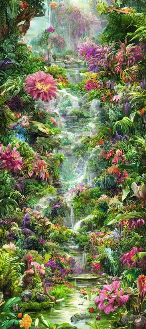 Image similar to cascading concept art of an exotic garden with flowers and big trees, detailed, highly detailed, aesthetic, realistic, hyper realism, colorful, in depth, intricate,