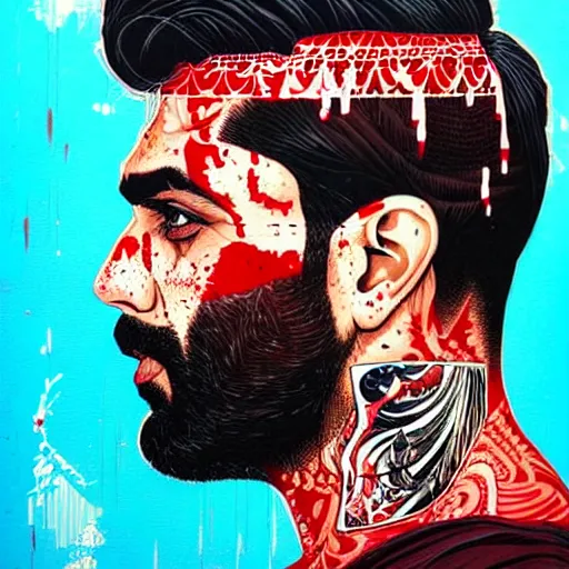 Image similar to a portrait of a pakistani man with side profile blood in ocean intricate details by MARVEL comics and Sandra Chevrier-C