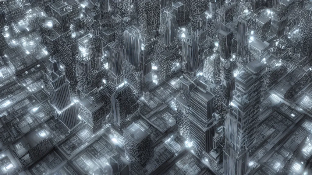 Image similar to 3 d fractal cityscape at night, ambient occlusion, octane render