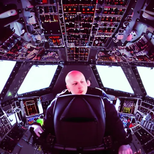 Prompt: the lead singer of / the smashing pumpkins / and mark zuckerberg, sitting in the cockpit of a spaceship, looking down at a space shuttle. cinematic 1 0 mm. colorful.