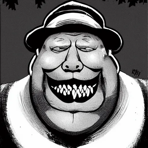 Prompt: of radioactive morbidly obese farmer supervillain, evil grin, sharp teeth, after sunset, mysterious lighting