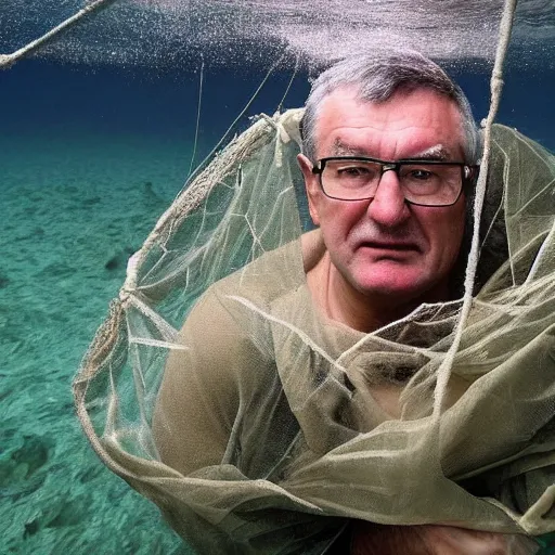 Image similar to vojislav seselj stuck in a fishing net, underwater, struggling