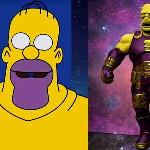 Image similar to CG Homer Simpson as Thanos, cinematic, 4K