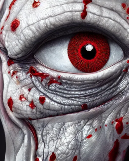Image similar to Haunting horrifying hyperrealistic detailed painting of a tall slim flesh extraterrestrial creature covered in thick black blood, heavy metal, disgusting, creepy, unsettling, and bloodshot eyeballs, hyper detailed, trending on Artstation