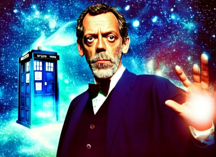 Prompt: product photo still of vhs cover of hugh laurie as doctor who in front of a nebula through the open door of the tardis on a vhs box