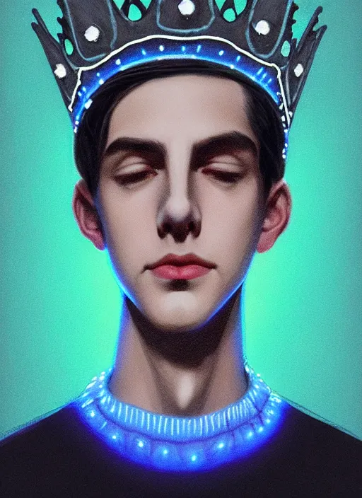 Image similar to portrait of teenage jughead jones wearing a light grey crown, crown, blue turtleneck, 1 9 5 0 s, closed eyes, photorealistic, black hair, glowing lighting, intricate, elegant, glowing lights, highly detailed, digital painting, artstation, concept art, smooth, sharp focus, illustration, art by wlop, mars ravelo and greg rutkowski