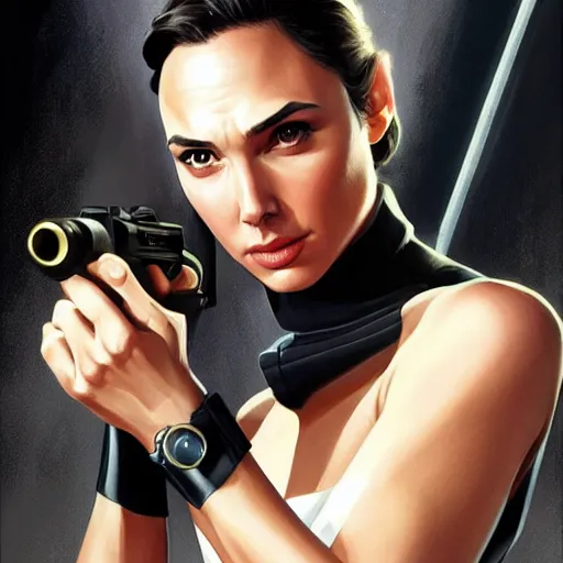 Image similar to gal gadot as james bond, portrait, highly detailed, digital painting, artstation, concept art, sharp focus, illustration, art by artgerm and greg rutkowski and alphonse mucha