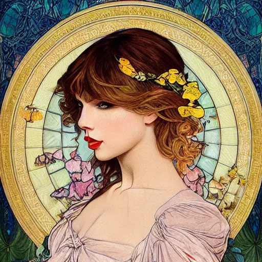 Image similar to romantic painted portrait of taylor swift by james jean, mucha