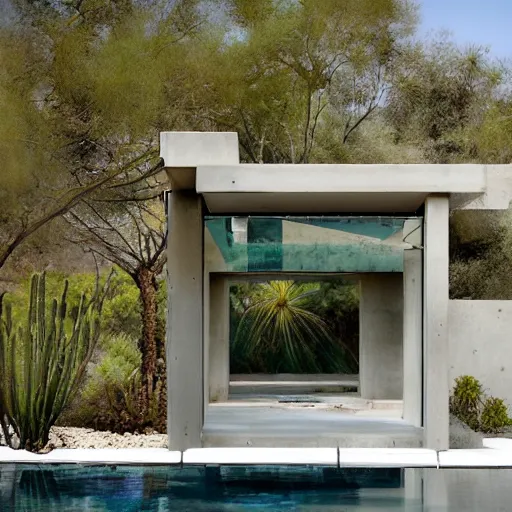 Prompt: water splash architecture + concrete + glass, pavilion, desert, hillside, organic, movement, pool, cacti