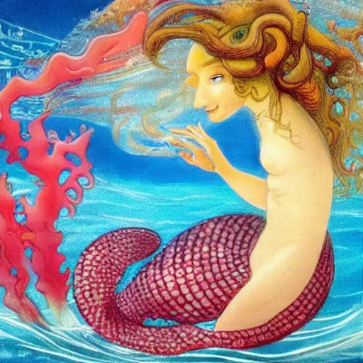 Image similar to A beautiful painting of a mermaid swimming in the ocean. Her long, flowing hair streams behind her as she gracefully navigates the water. A coral reef and colorful fish can be seen in the background. coral, YouTube by Hans Bellmer