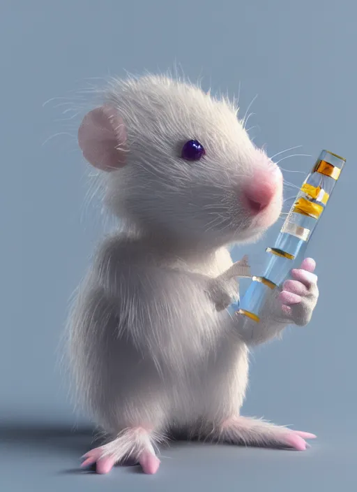 Image similar to a 3D render of a cute fuzzy pet rat dressed in a white lab coat mixing test tubes of chemicals in a chemistry lab, bokeh, Canon 50mm, cinematic lighting, volumetric light, octane, octane render, redshift render