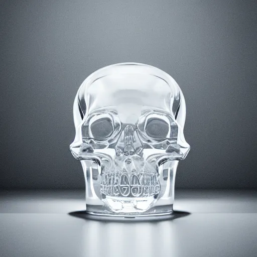 Image similar to magic crystal skull , clear liquid inside, with silver runes on it, photorealistic, product photography, 3D, octane render, blender, item
