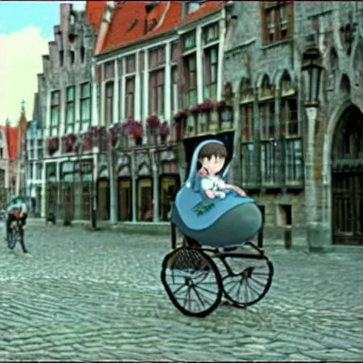 Prompt: A still of a little girl riding on top of a giant tortoise through the streets of Bruges, from the Miyazaki anime movie