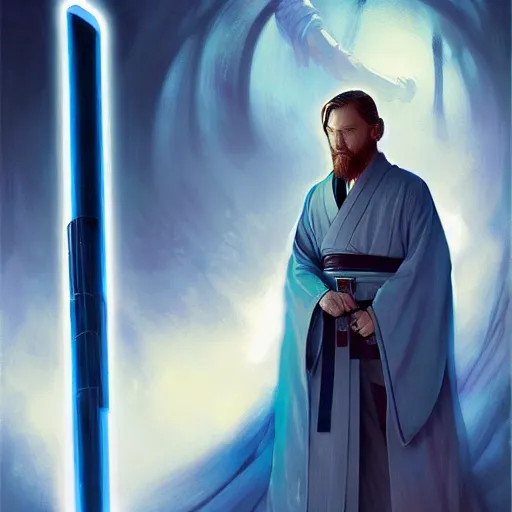 Image similar to Portrait of Obi-Wan Kenobi wearing a traditional Japanese kimono and holding a blue lightsaber, intricate, elegant, highly detailed, digital painting, artstation, concept art, smooth, sharp focus, illustration, art by artgerm and greg rutkowski and alphonse mucha and andrei riabovitchev