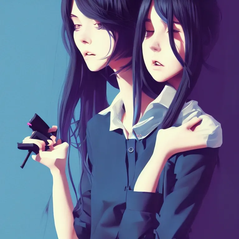 Image similar to urban high school girl in shirt fanart, dark blue long hair, muted colors, matte print, pastel colors, ornate, digital art, digital painting, fan art, elegant, artstation, by Ilya Kuvshinov