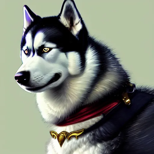 Image similar to beautiful detailed picture of a husky dressed in a tuxedo, intricate, elegant, highly detailed, my rendition, digital painting, artstation, concept art, smooth, sharp focus, illustration, art by artgerm and greg rutkowski and alphonse mucha