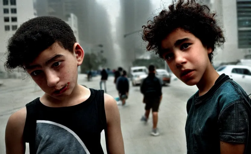 Prompt: cinestill 5 0 d candid photographic portrait by helen levitt of a mixed teen wearing rugged black mesh techwear, modern cyberpunk moody emotional cinematic, white pale concrete city, dust storm, 8 k, hd, high resolution, 3 5 mm, f / 3 2, ultra realistic faces, ex machina