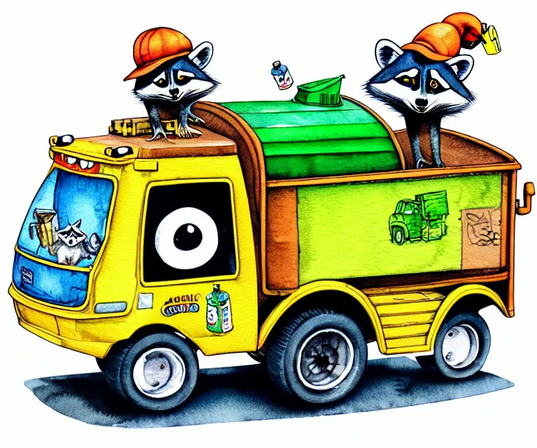 Prompt: cute and funny, racoon wearing a hat riding in a tiny garbage truck, ratfink style by ed roth, centered award winning watercolor pen illustration, isometric illustration by chihiro iwasaki, edited by range murata, tiny details by artgerm and watercolor girl, symmetrically isometrically centered, sharply focused