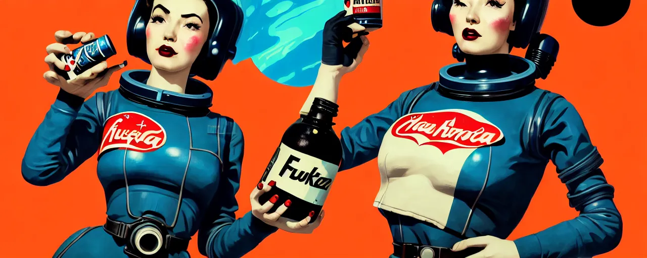 Prompt: duotone noir retrofutiristic concept illustration 3 / 4 portrait of vintage female fallout 4 model black haired in space suit advertising bottle of nuka cola. pinup style accidental renaissance. by sachin teng and sergey kolesov and ruan jia and heng z. graffiti art, scifi, fantasy, hyper detailed. octane render. trending on artstation