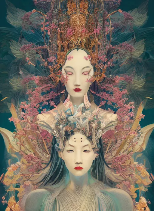 Prompt: portrait full three kingdom breathtaking detailed concept art painting art deco pattern of birds goddesses amalmation flowers head thibetan temple, by hsiao ron cheng, tetsuya ichida, bizarre compositions, exquisite detail, extremely moody lighting, 8 k, art nouveau, old chines painting, art nouveau