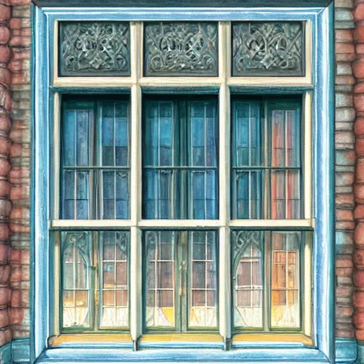 Image similar to digital illustration of a beautiful window open front view, complete window!, realistic, aesthetic, vintage frame window, ornate, russian style, colorful architectural drawing, a watercolor and matte painting by mark keathley and mandy jurgens and charlie bowater, cgsociety, artdeco, utopia art, bold colors, sci - fi, artstation hq