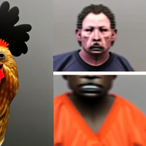 Image similar to chicken dressed with inmate clothes, mugshot in a police station