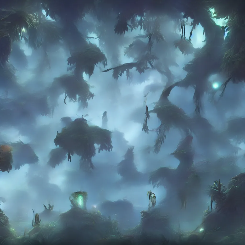 Image similar to hanging foliage in the style of ori and the blind forest, black background, highly detailed, digital art 4k, 8k