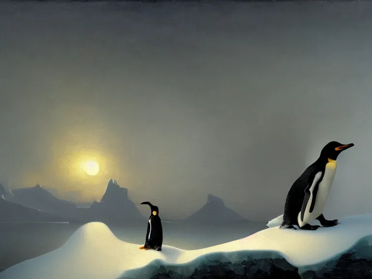 Image similar to an oil painting of a penguin playing in pure white snow on a misty iceberg at dusk. aurora. by tuomas korpi moebius and carl spitzweg. baroque elements. intricate artwork by caravaggio. oil painting. oil on canvas. award winning. dramatic. trending on artstation. 8 k