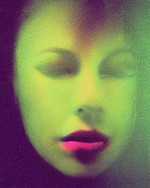 Image similar to featureless woman's face, serene emotion, violet and yellow and green lighting, polaroid photo, 1 9 8 0 s cgi, atmospheric, whimsical and psychedelic, grainy, expired film, super glitched, corrupted file, ghostly, bioluminescent