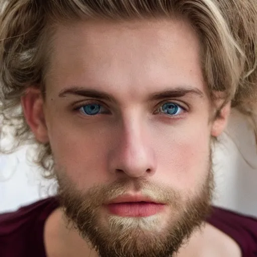 Image similar to full face color photograph of a 30 year old very handsome white man with very short light blond hair and small blue eyes, dressed in a maroon t shirt and black jeans, with very thin lips, with a straight nose and pale skin. He resembles a lion. 4k