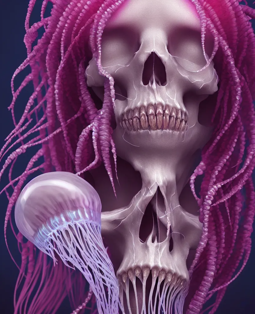 Image similar to goddess close - up portrait human skeleton, ram skull, jellyfish, orchid, betta fish, bioluminiscent, intricate artwork by tooth wu and wlop and beeple. octane render, trending on artstation, greg rutkowski very coherent symmetrical artwork. cinematic, hyper realism, high detail, octane render, 8 k