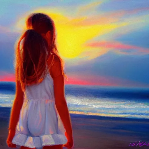 Prompt: an influencer girl portrait, sunset, ocean in distance, oil painting, pale colors, high detail, 8 k, wide angle, trending on artstation,