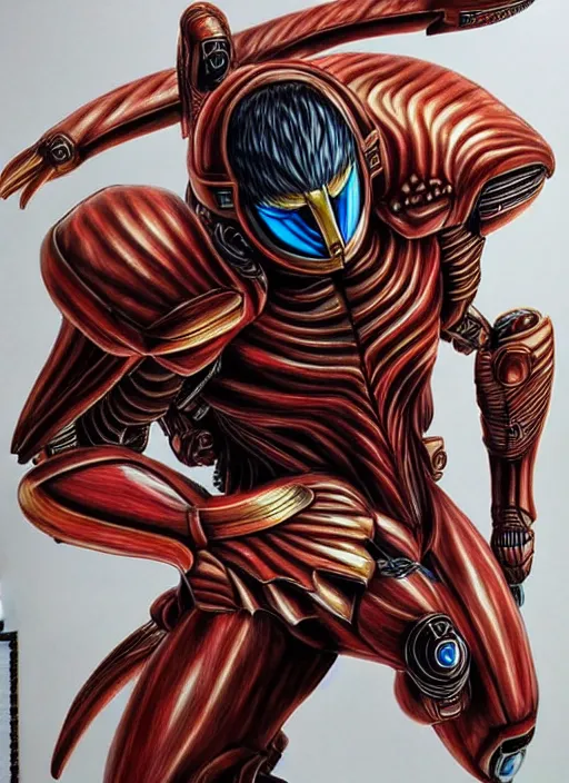 Image similar to berserk manga, samus, metroid, varia suit hyperrealism, intricate detailed