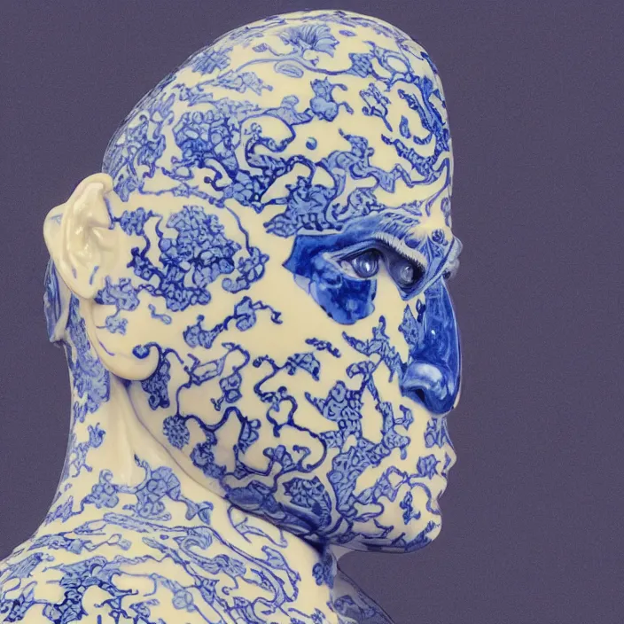 Prompt: a close - up portrait of an ornate blue and white porcelain figure made out of white vitrified translucent ceramic ; china. reflective detailed textures. gloomy black background. highly detailed fantasy science fiction painting by moebius, norman rockwell, frank frazetta, and syd mead. rich colors, high contrast. artstation