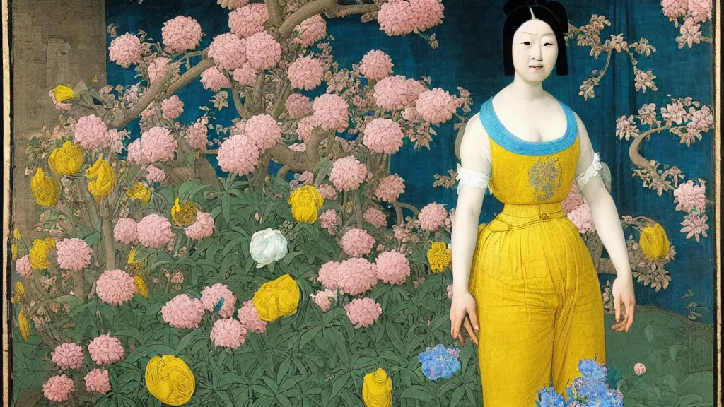 Image similar to portrait of an Asian woman with white and neon blue hair, wearing a yellow t-shirt, standing in a garden full of flowers, intricate details, high detail, in a renaissance style, super-flat, in the style of Jean Auguste Dominique Ingres, James Jean, punk