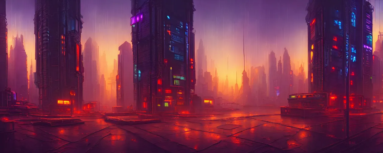 Prompt: A cyberpunk cityscape, by Evgeny Lushpin, dramatic lighting, high contrast colors, panoramic view, as trending on Artstation, highly detailed,