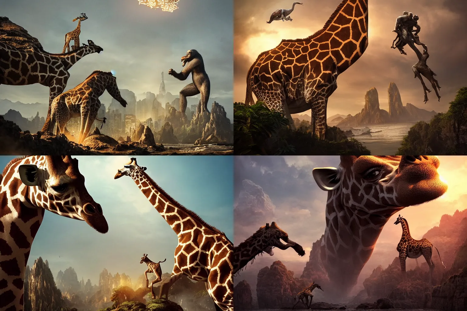 Prompt: giraffe vs king kong, intricate, epic lighting, cinematic composition, hyper realistic, 8 k resolution, unreal engine 5, by artgerm, tooth wu, dan mumford, beeple, wlop, rossdraws, james jean, andrei riabovitchev, marc simonetti, yoshitaka amano, artstation