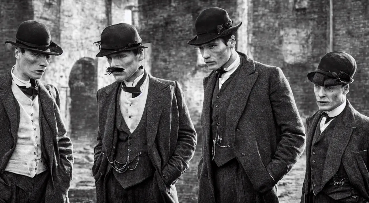 Prompt: a scene from peaky blinders, medium long shot, 3 / 4 shot, full body picture of cillian murphy and tom hardy, sharp eyes, serious expressions, detailed and symmetric faces, black and white, epic photo by talented photographer ansel adams,