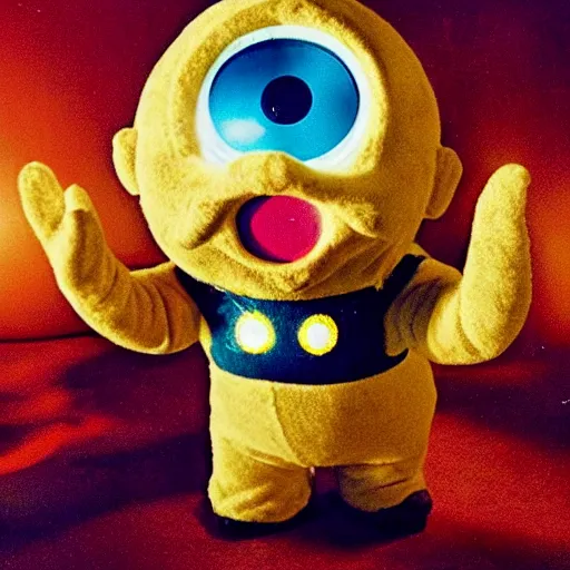 Prompt: sun from teletubbies with bloodshot eye, horror, creepy, dark