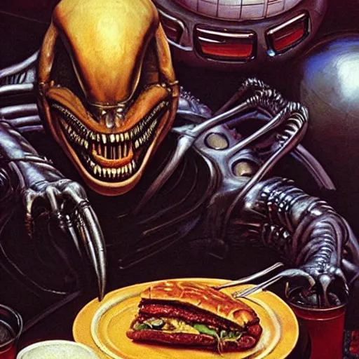 Prompt: alien xenomorph eating a cheeseburger, at a 5 0 s diner, painted by norman rockwell, greg rutkowski, john howe, wlop, artgerm