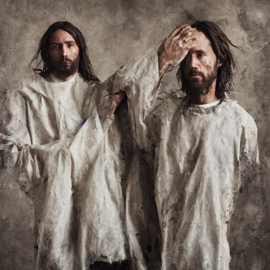 Prompt: a full body lookbook portrait of modern - day jesus wearing cream yeezy and fear of god menswear collection by nicola samori, detailed, oil painting, hyper - realistic, 8 k, yeezy collection