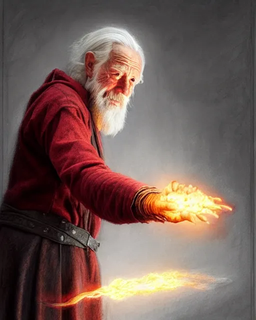 Image similar to a elderly wizard casting a red fireball | | pencil sketch, realistic shaded, fine details, high detail, real life skin, freckles, 8 k, stunning detail, realistic shaded lighting poster by greg rutkowski, magali villeneuve, artgerm, jeremy lipkin and michael garmash and rob rey