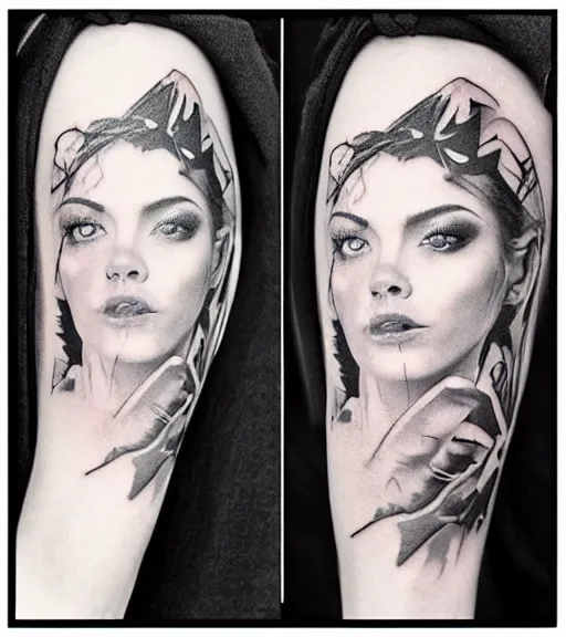 Prompt: tattoo design sketch of the most beautiful woman portrait with a background of beautiful mountains on the side, hyper - realistic, double exposure effect, in the style of den yakovlev, amazing detail, black and white, faded