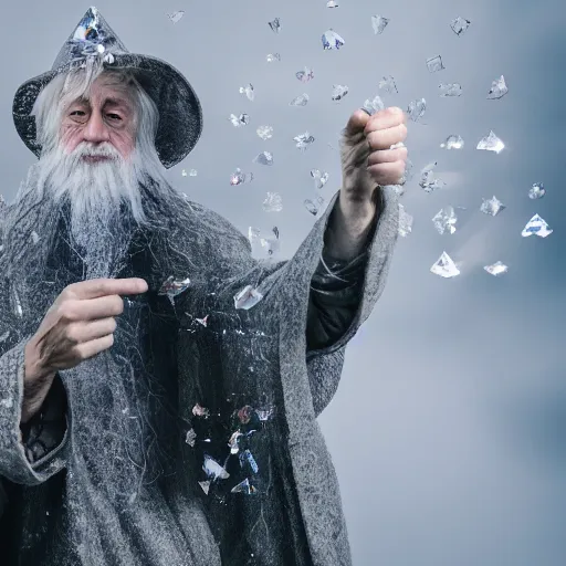 Image similar to old wizard surrounded by crystal shards, 8 k photography